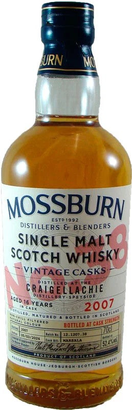 MossburnWhiskyVintageCaskNo.38CraigellachieCaskStrengthJahrgang2007aged16years524%vol.070l–GärtnerWein